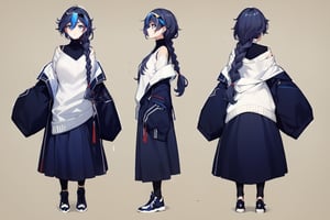 [[fu hua (phoenix)(honkai impact 3rd)]],nai3,1girl,solo,blue eyes {artist:ask(askzy)}, (Multiple views) ,((three sided view,full body,simple background,multiple views,highres)).multicolored hair,round eyewear,turtleneck,skirt,blue legwear,jewelry,earrings,long sleeves,blue eyes,sleeves past wrists,ribbed sweater,hair between eyes,white sweater,very long hair,sweater,streaked hair,sunglasses,braid,bare shoulders,off-shoulder sweater,off shoulder,eyewear on head,