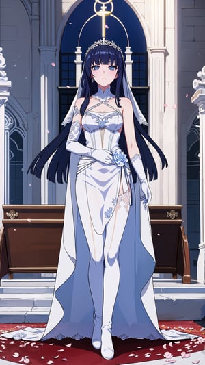 (1 beautiful woman, ornamented long blue hair,expensive detailed white wedding dress design by Clare Waight Keller, white bride veil, long white gloves),(full body) walking to the altar, holding a bouquet, church location, wedding, celebration time, petals falling down,Anime