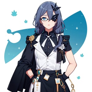 (masterpiece:1.3),(the best quality:1.2),(super fine illustrations:1.2),(Masterpiece),high quality,high detail,(white background:1.2),looking at viewer,(SOLO:1.4),outline,simple background,glasses, gloves, striped, blue eyes, black skirt, black dress, black shirt, white waistcoat, ornament, highheel, dress, hair ribbon, checkered skirt, grey hair, half gloves, eyepatch, shirt, star pasties, low ponytail, striped bow, long hair, semi-rimless eyewear, hair ornament, black-framed eyewear,