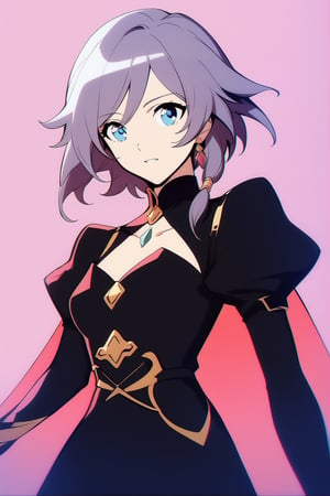 [[fu hua (phoenix)(honkai impact 3rd)]], nai3, 1girl, solo, artstyle,
1girl, solo, short hair, bangs, blue eyes, long sleeves, dress, pink hair, puffy sleeves, cape, black dress, juliet sleeves, retro artstyle, 1980s \(style\)