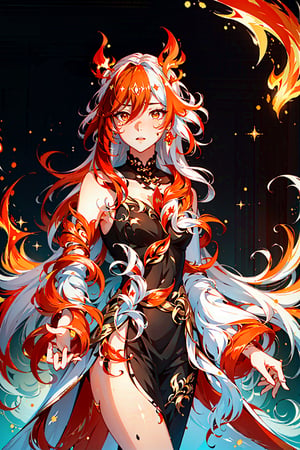 fu hua\bengluofu hua\bengluo,white_hair, orange_eyes, streaked_hair, fu hua, orange_hair, red_hair, fire, fiery_hair, hair_between_eyes, multicolored_hair, fu hua\bengluo, fiery_wings