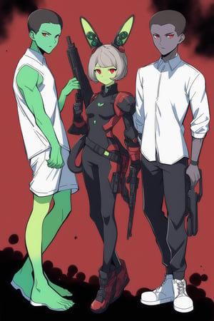 (full body), nai3, 1girl, solo, artstyle,
red eyes, gloves, weapon, grey hair, multiple boys, 2boys, gun, colored skin, green skin, animification, alien