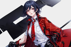 a beautiful woman, black hair,red eyes,fu hua,(((leather Trench  coat,red trench coat,long coat,black pants,boots,uniform,white shirt,opened clothes))), senti, red eyes, blue_eyes