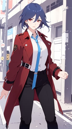 a beautiful woman, black hair,red eyes,fu hua,(((leather Trench coat,red trench coat,long coat,black pants,boots,uniform,white shirt,opened clothes))), senti, red eyes, blue_eyes