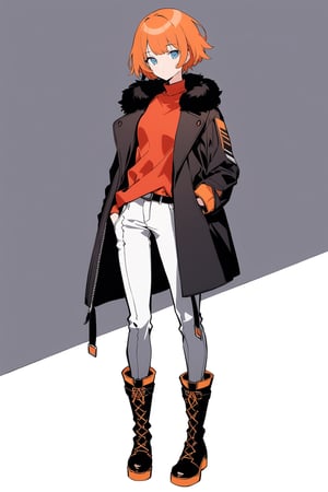 (full body), nai3, 1girl, solo, artstyle,
1girl, solo, looking at viewer, short hair, blue eyes, simple background, shirt, long sleeves, white background, jewelry, closed mouth, standing, jacket, full body, ponytail, boots, open clothes, pants, black footwear, orange hair, coat, fur trim, red shirt, hand in pocket, open coat, black coat, white pants