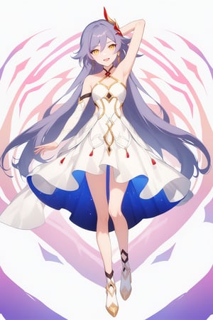 [[fu hua(Honkai Impact 3rd)]], (full body), nai3, 1girl, solo, artstyle,
1girl, solo, long hair, looking at viewer, smile, open mouth, bangs, hair ornament, dress, bare shoulders, full body, yellow eyes, pink hair, purple hair, armpits, white dress, arm up