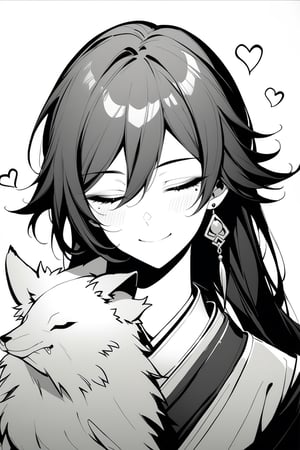 [[fu hua(honkai impact 3rd)]], nai3, 1girl, solo, artstyle,best quality,amazing quality,very aesthetic,absurdres,traditional media,female focus, 
1girl, long hair, smile, bangs, 1boy, holding, hair between eyes, jewelry, closed mouth, monochrome, closed eyes, upper body, greyscale, heart, earrings, japanese clothes, kimono, mole, mole under eye, wolf