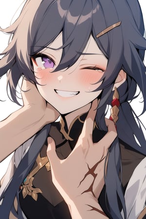 [[fu hua(Honkai Impact 3rd)]], (full body), nai3, 1girl, solo, artstyle,
1girl, long hair, looking at viewer, blush, smile, black hair, hair ornament, purple eyes, ponytail, one eye closed, solo focus, hairclip, tears, grin, pov, scar, out of frame, pov hands, hand on another's face, hand on another's cheek, burn scar