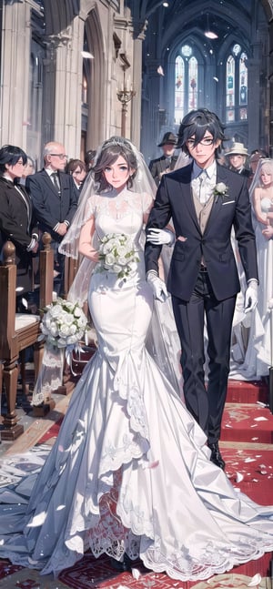 (1 beautiful woman, ornamented long blue hair,expensive detailed white wedding dress design by Clare Waight Keller, white bride veil, long white gloves), walking to the altar, holding a bouquet, church location, wedding, celebration time, petals falling down, people sitting down background, priest in front of the spouse, close-up ,perfecteyes,fu hua