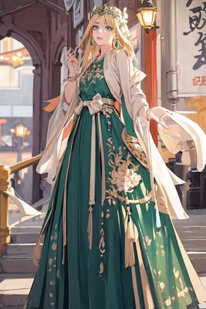 masterpiece, best quality, illustration, full body image, ornate and elaborate dress, platinum earrings, tiara, platinum necklace, white dress, 1girl, cute, (dynamic lighting:1.2), cinematic lighting, delicate facial features, detailed eyes, green eyes, long blonde hair, sharp pupils, realistic pupils, depth of field, bokeh, sharp focus, (hyper-detailed, bloom, glow:1.4), blonde hair, full lips, bright green eyes,fu hua,hanfu