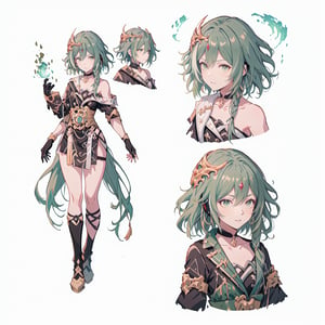 (CharacterSheet:1.2), 1 girl, solo, green eyes, ((((green hair:1.2)))) ,((green kongming suit)),headphones around neck,short hair, light smile,muscle_body, strong, fullbody black_bodysuit with green details,casual_wear, gloves, boots, pants, shirt, tecno_jacket, short-hair,,multiple views (full_body(front_view, back_view),uper_body(front_view, left_view, right_view)),(white background, simple background:1.2),(dynamic_pose:1.2),(masterpiece:1.2), (best quality, highest quality), (ultra detailed), (8k, 4k, intricate), (50mm), (highly detailed:1.2),(detailed face:1.2), detailed_eyes,(gradients),(ambient light:1.3),(cinematic composition:1.3),(HDR:1),Accent Lighting,extremely detailed,original, highres,(perfect_anatomy:1.2), perfect_face:1.2, detailed_anatomy, full_body,, , ,kongming suit,long skirt,sarashi,guanhelmet,senti,china dress with heart cutout