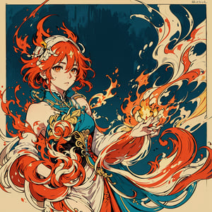 masterpiece, best quality, ultra high res, beautiful, elegant, graceful, award-winning art, 1girl, (style of Yuko Shimizu:1.4), (abstract art:1.2), style of rebecca guay, fu hua\bengluo, white_hair, orange_eyes, streaked_hair, fu hua, orange_hair, red_hair, fire, fiery_hair, hair_between_eyes, multicolored_hair, fu hua\bengluo, fiery_wings,fire, cloaked in flames visually stunning, gorgeous,cloud, fu hua\bengluo, 