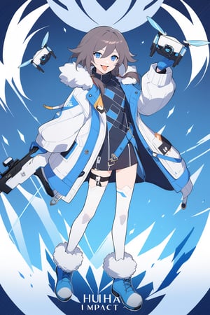 [[fu hua(Honkai Impact 3rd)]], (full body), nai3, 1girl, solo, artstyle,
1girl, solo, smile, short hair, open mouth, brown hair, thighhighs, gloves, holding, jacket, full body, weapon, boots, tongue, tongue out, character name, white thighhighs, official alternate costume, coat, gun, fur trim, animal, dog, blue footwear, blue gloves, winter clothes, fur-trimmed boots, drone