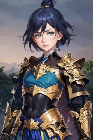 (detailed face:1.2), (looking at viewer:1.2), centered, (upper body), photography of a 22yo woman, masterpiece, | (beautiful detailed eyes:1.2), short hair, aqua hair color, light blue eyes, armored top, pauldrons, wide hips, lowleg armored pants, | sunset, bokeh, depth of field ,fu hua,Chinese Armor,golden armor,golden chain,sanguozhi