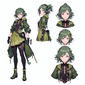 (CharacterSheet:1.2), 1 girl, solo, green eyes, ((((green hair:1.2)))) ,((green kongming suit)),headphones around neck,short hair, light smile,muscle_body, strong, fullbody black_bodysuit with green details,casual_wear, gloves, boots, pants, shirt, tecno_jacket, short-hair,,multiple views (full_body(front_view, back_view),uper_body(front_view, left_view, right_view)),(white background, simple background:1.2),(dynamic_pose:1.2),(masterpiece:1.2), (best quality, highest quality), (ultra detailed), (8k, 4k, intricate), (50mm), (highly detailed:1.2),(detailed face:1.2), detailed_eyes,(gradients),(ambient light:1.3),(cinematic composition:1.3),(HDR:1),Accent Lighting,extremely detailed,original, highres,(perfect_anatomy:1.2), perfect_face:1.2, detailed_anatomy, full_body,, , ,kongming suit,long skirt,sarashi