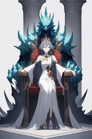 [[fu hua(Honkai Impact 3rd)]], (full body), nai3, 1girl, solo, artstyle,
1girl, 1boy, dress, holding, grey background, crown, monster, pillar, throne