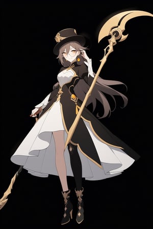 [[fu hua(Honkai Impact 3rd)]], (full body), nai3, 1girl, solo, artstyle,
1girl, solo, long hair, breasts, looking at viewer, smile, bangs, simple background, brown hair, long sleeves, hat, white background, dress, holding, brown eyes, jewelry, medium breasts, closed mouth, standing, full body, yellow eyes, weapon, earrings, boots, glasses, puffy sleeves, hand up, black footwear, holding weapon, high heels, black headwear, juliet sleeves, high heel boots, round eyewear, adjusting eyewear, holding scythe