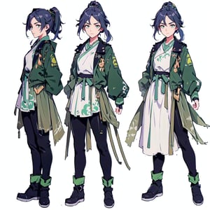 (CharacterSheet:1.2),1girl, muscle_body, strong, asian,30 years_old, fullbody black_bodysuit with green details,casual_wear, gloves, boots, pants, shirt, tecno_jacket, pony_tail, black short_hair, green_eyes, ,big_boobies, katana, multiple views (full_body(front_view,back_view),uper_body(front_view, left_view, right_view)),(white background, simple background:1.2),(dynamic_pose:1.2),(masterpiece:1.2), (best quality, highest quality), (ultra detailed), (8k, 4k, intricate), (50mm), (highly detailed:1.2),(detailed face:1.2), detailed_eyes,(gradients),(ambient light:1.3),(cinematic composition:1.3),(HDR:1),Accent Lighting,extremely detailed,original, highres,(perfect_anatomy:1.2),  perfect_face:1.2, detailed_anatomy, full_body,fu hua,((green_eyes)),((green hair)),print robe