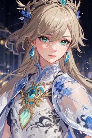 masterpiece, best quality, illustration, full body image, ornate and elaborate dress, platinum earrings, tiara, platinum necklace, white dress, 1girl, cute, (dynamic lighting:1.2), cinematic lighting, delicate facial features, detailed eyes, green eyes, long blonde hair, sharp pupils, realistic pupils, depth of field, bokeh, sharp focus, (hyper-detailed, bloom, glow:1.4), blonde hair, full lips, bright green eyes,fu hua