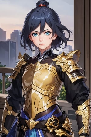 (detailed face:1.2), (looking at viewer:1.2), centered, (upper body), photography of a 22yo woman, masterpiece, | (beautiful detailed eyes:1.2), short hair, aqua hair color, light blue eyes, armored top, pauldrons, wide hips, lowleg armored pants, | sunset, bokeh, depth of field ,fu hua,(((female focus,armor,Chinese Armor,golden armor))),golden chain,(sanguozhi)