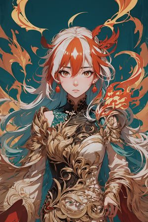 masterpiece, best quality, ultra high res, beautiful, elegant, graceful, award-winning art, 1girl, (style of Yuko Shimizu:1.4), (abstract art:1.2), style of rebecca guay, fu hua\bengluo, white_hair, orange_eyes, streaked_hair, fu hua, orange_hair, red_hair, fire, fiery_hair, hair_between_eyes, multicolored_hair, fu hua\bengluo, fiery_wings,fire, cloaked in flames, dark theme, visually stunning, gorgeous,cloud, fu hua\bengluo, 