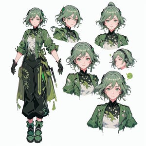 (CharacterSheet:1.2), 1 girl, solo, green eyes, ((((green hair:1.2)))) ,((green kongming suit)),headphones around neck,short hair, light smile,muscle_body, strong, fullbody black_bodysuit with green details,casual_wear, gloves, boots, pants, shirt, tecno_jacket, short-hair,,multiple views (full_body(front_view, back_view),uper_body(front_view, left_view, right_view)),(white background, simple background:1.2),(dynamic_pose:1.2),(masterpiece:1.2), (best quality, highest quality), (ultra detailed), (8k, 4k, intricate), (50mm), (highly detailed:1.2),(detailed face:1.2), detailed_eyes,(gradients),(ambient light:1.3),(cinematic composition:1.3),(HDR:1),Accent Lighting,extremely detailed,original, highres,(perfect_anatomy:1.2), perfect_face:1.2, detailed_anatomy, full_body,, , ,kongming suit,long skirt