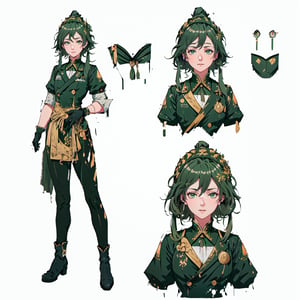 (CharacterSheet:1.2), 1 girl, solo, green eyes, ((((green hair:1.2)))) ,((green kongming suit)),headphones around neck,short hair, light smile,muscle_body, strong, fullbody black_bodysuit with green details,casual_wear, gloves, boots, pants, shirt, tecno_jacket, short-hair,,multiple views (full_body(front_view, back_view),uper_body(front_view, left_view, right_view)),(white background, simple background:1.2),(dynamic_pose:1.2),(masterpiece:1.2), (best quality, highest quality), (ultra detailed), (8k, 4k, intricate), (50mm), (highly detailed:1.2),(detailed face:1.2), detailed_eyes,(gradients),(ambient light:1.3),(cinematic composition:1.3),(HDR:1),Accent Lighting,extremely detailed,original, highres,(perfect_anatomy:1.2), perfect_face:1.2, detailed_anatomy, full_body,, , ,kongming suit,long skirt,sarashi,guanhelmet,senti,china dress with heart cutout,fu hua,chinese clothes,yifu