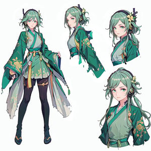 (CharacterSheet:1.2), 1 girl, solo, green eyes, ((((green hair:1.2)))) ,((green kongming suit)),headphones around neck,short hair, light smile,muscle_body, strong, fullbody black_bodysuit with green details,casual_wear, gloves, boots, pants, shirt, tecno_jacket, short-hair,,multiple views (full_body(front_view, back_view),uper_body(front_view, left_view, right_view)),(white background, simple background:1.2),(dynamic_pose:1.2),(masterpiece:1.2), (best quality, highest quality), (ultra detailed), (8k, 4k, intricate), (50mm), (highly detailed:1.2),(detailed face:1.2), detailed_eyes,(gradients),(ambient light:1.3),(cinematic composition:1.3),(HDR:1),Accent Lighting,extremely detailed,original, highres,(perfect_anatomy:1.2), perfect_face:1.2, detailed_anatomy, full_body,, , ,kongming suit,long skirt,sarashi,guanhelmet,senti,china dress with heart cutout,fu hua,chinese clothes,yifu,floral print,hanfu,chinese clothe,print robe,1girl