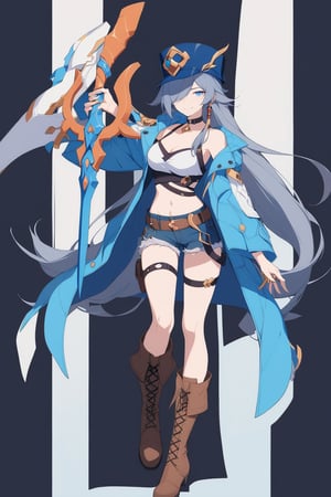 [[fu hua(Honkai Impact 3rd)]], (full body), nai3, 1girl, solo, artstyle,
1girl, solo, long hair, breasts, looking at viewer, smile, blue eyes, simple background, long sleeves, hat, navel, holding, cleavage, jewelry, medium breasts, very long hair, standing, jacket, full body, weapon, red hair, boots, open clothes, shorts, choker, midriff, belt, sword, stomach, holding weapon, hair over one eye, arm up, open jacket, coat, short shorts, thigh strap, brown footwear, standing on one leg, knee boots, denim, blue jacket, black background, blue headwear, blue shorts, denim shorts, open coat, huge weapon, blue coat
