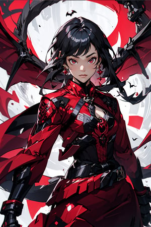 One female vampire, (dark red eyes), long black hair, bangs, hair_past_waist, perfect figure, ((red-colored apparel, often in the form of long, two-tailed coats)), bats flying in the background, dragon background 