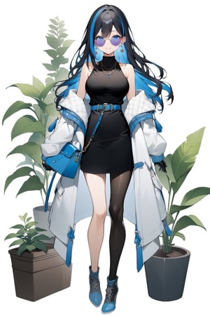 (full body), nai3, solo, artstyle,best quality,amazing quality,very aesthetic,absurdres,traditional media solo, looking at viewer,
1girl, solo, long hair, breasts, looking at viewer, smile, bangs, blue eyes, black hair, gloves, long sleeves, white background, dress, holding, hair between eyes, bare shoulders, jewelry, closed mouth, blue hair, standing, jacket, full body, grey hair, pantyhose, multicolored hair, earrings, open clothes, sleeveless, belt, virtual youtuber, off shoulder, bag, black dress, sweater, streaked hair, sleeveless dress, sunglasses, white jacket, plant, single thighhigh, blue footwear, handbag, round eyewear, potted plant, holding bag, tinted eyewear, shopping bag