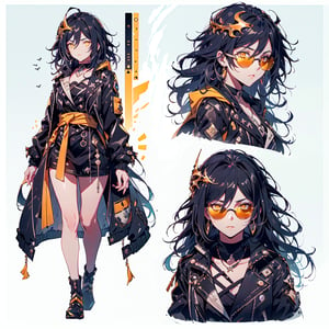 ((black_hair, yellow_eyes, hair_ornament)),((leather long coat)),(((wear sunglasses))),(full_body(front_view, back_view),uper_body(front_view, left_view, right_view)),(((white background, simple background:1.2))),(dynamic_pose:1.2),(CharacterSheet:1.2),senti, , 