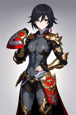 full body, (1girl, looking at viewer),   muscular mechanical body, ((brown eyes, black-hair)), black leather coat, holding chinese blade and Shield ,fu hua