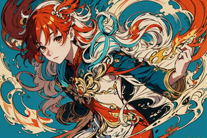 masterpiece, best quality, ultra high res, beautiful, elegant, graceful, award-winning art, 1girl, (style of Yuko Shimizu:1.4), (abstract art:1.2), style of rebecca guay, fu hua\bengluo, white_hair, orange_eyes, streaked_hair, fu hua, orange_hair, red_hair, fire, fiery_hair, hair_between_eyes, multicolored_hair, fu hua\bengluo, fiery_wings,fire, cloaked in flames visually stunning, gorgeous,cloud, fu hua\bengluo, 