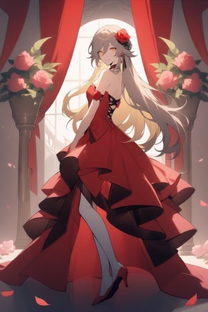 [[fu hua(Honkai Impact 3rd)]], (full body), nai3, 1girl, solo, artstyle,
solo, long hair, looking at viewer, smile, blonde hair, hair ornament, 1boy, dress, hair between eyes, bare shoulders, very long hair, yellow eyes, flower, male focus, looking back, hair flower, rose, red dress, red flower, musical note, strapless dress, pink flower, crossdressing, red rose