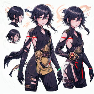 (CharacterSheet:1.2), 1 girl, solo,,headphones around neck,short hair, light smile,muscle_body, strong, fullbody black_bodysuit with green details,casual_wear, gloves, boots, pants, shirt, tecno_jacket, short-hair,,multiple views (full_body(front_view, back_view),uper_body(front_view, left_view, right_view)),(white background, simple background:1.2),(dynamic_pose:1.2),(masterpiece:1.2), (best quality, highest quality), (ultra detailed), (8k, 4k, intricate), (50mm), (highly detailed:1.2),(detailed face:1.2), detailed_eyes,(gradients),(ambient light:1.3),(cinematic composition:1.3),(HDR:1),Accent Lighting,extremely detailed,original, highres,(perfect_anatomy:1.2), perfect_face:1.2, detailed_anatomy, full_body,, , ,kongming suit,long skirt,sarashi,guanhelmet,senti,china dress with heart cutout,fu hua,chinese clothes,yifu,floral print,hanfu,chinese clothe,print robe,1girl,fu_hua