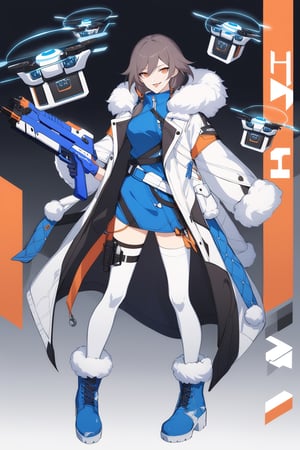 [[fu hua(Honkai Impact 3rd)]], (full body), nai3, 1girl, solo, artstyle,
1girl, solo, smile, short hair, open mouth, brown hair, thighhighs, gloves, holding, jacket, full body, weapon, boots, tongue, tongue out, character name, white thighhighs, official alternate costume, coat, gun, fur trim, animal, dog, blue footwear, blue gloves, winter clothes, fur-trimmed boots, drone