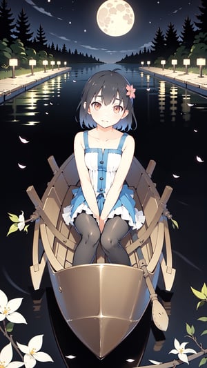 A young girl lying comfortably on a boat, looking up at the starry night sky filled with colorful flowers surrounding the boat, reflecting the bright moon on the lake surface, distant cherry blossom scenery in the background, medium and long distance view, deep depth of field, detailed details. High resolution image, vivid colors, dreamy atmosphere, romantic scene, beautiful night sky, blooming flowers, reflection of the moon on the lake, distant cherry blossoms, serene environment, peaceful mood, starry sky, flower decoration, boat ride, comfortable position, young girl's innocence, tranquility., eluosi, blackpantyhose, qiqiu