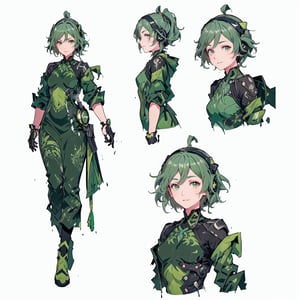 (CharacterSheet:1.2), 1 girl, solo, green eyes, ((((green hair:1.2)))) ,((green kongming suit)),headphones around neck,short hair, light smile,muscle_body, strong, fullbody black_bodysuit with green details,casual_wear, gloves, boots, pants, shirt, tecno_jacket, short-hair,,multiple views (full_body(front_view, back_view),uper_body(front_view, left_view, right_view)),(white background, simple background:1.2),(dynamic_pose:1.2),(masterpiece:1.2), (best quality, highest quality), (ultra detailed), (8k, 4k, intricate), (50mm), (highly detailed:1.2),(detailed face:1.2), detailed_eyes,(gradients),(ambient light:1.3),(cinematic composition:1.3),(HDR:1),Accent Lighting,extremely detailed,original, highres,(perfect_anatomy:1.2), perfect_face:1.2, detailed_anatomy, full_body,, , ,kongming suit,long skirt