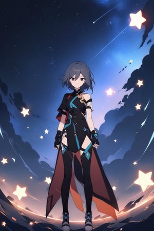 [[fu hua(Honkai Impact 3rd)]], (full body), nai3, 1girl, solo, artstyle,
1girl, solo, looking at viewer, short hair, bangs, black hair, thighhighs, gloves, hair between eyes, closed mouth, standing, sky, fingerless gloves, black eyes, night, bob cut, star \(sky\), night sky, pelvic curtain, starry sky