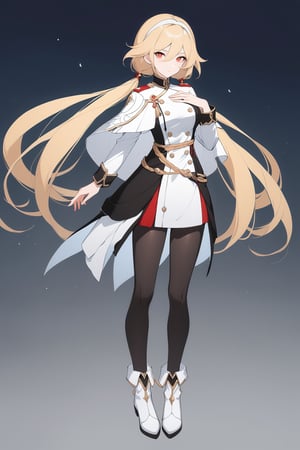 [[fu hua(Honkai Impact 3rd)]], (full body), nai3, 1girl, solo, artstyle,
1girl, solo, long hair, breasts, looking at viewer, blonde hair, dress, twintails, medium breasts, pantyhose, hairband, boots, uniform, black pantyhose, military, military uniform, capelet, low twintails, white footwear, hand on own chest, white hairband, hair behind ear, white capelet