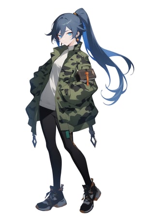 [[fu hua(Honkai Impact 3rd)]], (full body), nai3, 1girl, solo, artstyle,
1girl, solo, looking at viewer, bangs, blue eyes, simple background, black hair, white background, jewelry, closed mouth, blue hair, jacket, upper body, ponytail, earrings, book, military, green jacket, camouflage, camouflage jacket