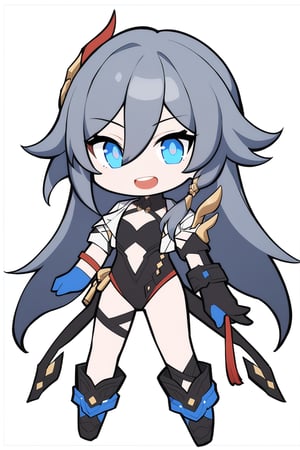 [[fu hua(Honkai Impact 3rd)]], (full body), nai3, 1girl, solo, artstyle,
1girl, solo, long hair, open mouth, bangs, blue eyes, simple background, black hair, hair ornament, gloves, white background, hair between eyes, jacket, teeth, black gloves, chibi, leotard, black jacket, border, black leotard, cropped jacket, blue gloves, fu hua