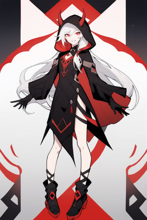 [[fu hua(Honkai Impact 3rd)]], (full body), nai3, 1girl, solo, artstyle,
1girl, solo, long hair, looking at viewer, smile, bangs, red eyes, gloves, long sleeves, hair between eyes, upper body, white hair, parted lips, horns, black gloves, hood, official alternate costume, hood up