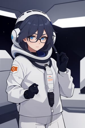 a beautiful girl in the sky from Mars, establishing herself in a spacesuit,fu hua,astronauts,space shuttle orbiter,holding the helmet,glasses