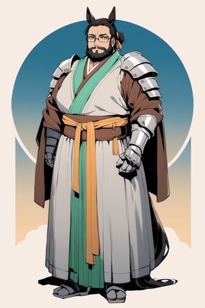 (full body), nai3, solo, artstyle,best quality,amazing quality,very aesthetic,absurdres,traditional media solo, looking at viewer,
,horse tail, full body,, male focus,facial hair,((( horse ears, brown eyes,hanfu,fat, glasses,shoulder armor,gauntlets,))),30y.o.solo,hair bun