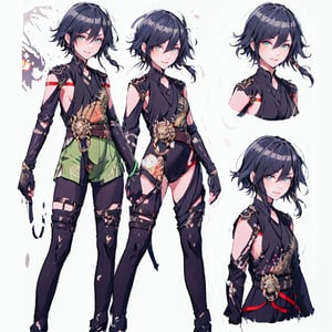 (CharacterSheet:1.2), 1 girl, solo,,headphones around neck,short hair, light smile,muscle_body, strong, fullbody black_bodysuit with green details,casual_wear, gloves, boots, pants, shirt, tecno_jacket, short-hair,,multiple views (full_body(front_view, back_view),uper_body(front_view, left_view, right_view)),(white background, simple background:1.2),(dynamic_pose:1.2),(masterpiece:1.2), (best quality, highest quality), (ultra detailed), (8k, 4k, intricate), (50mm), (highly detailed:1.2),(detailed face:1.2), detailed_eyes,(gradients),(ambient light:1.3),(cinematic composition:1.3),(HDR:1),Accent Lighting,extremely detailed,original, highres,(perfect_anatomy:1.2), perfect_face:1.2, detailed_anatomy, full_body,, , ,kongming suit,long skirt,sarashi,guanhelmet,senti,china dress with heart cutout,fu hua,chinese clothes,yifu,floral print,hanfu,chinese clothe,print robe,1girl,fu_hua