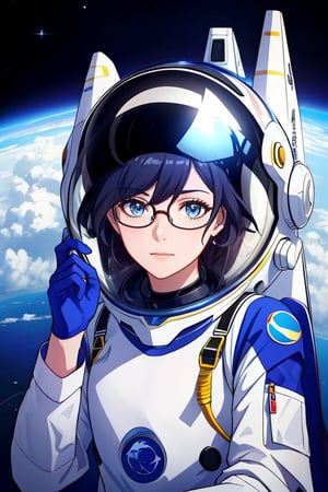 a beautiful girl in the sky from Mars, establishing herself in a spacesuit,fu hua,astronauts,space shuttle orbiter,holding the helmet,glasses