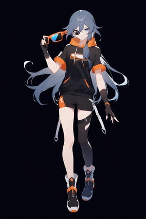 [[fu hua(Honkai Impact 3rd)]], (full body), nai3, 1girl, solo, artstyle,
1girl, solo, long hair, looking at viewer, bangs, blue eyes, simple background, black hair, gloves, holding, hair between eyes, short sleeves, black gloves, elbow gloves, hood, fingerless gloves, hoodie, sunglasses, black background, holding eyewear, fu hua