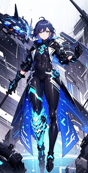 muscular mechanical body, glowing blue eyes, black-hair, leather long coat ,fu hua